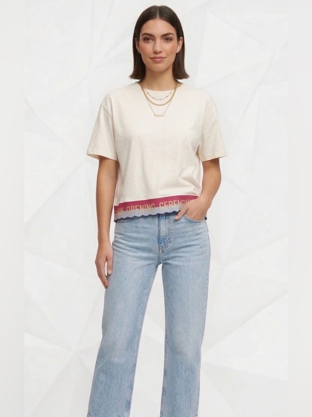 Opening Ceremony Cropped Embroidered Logo Tee Cream Scallop Hem (Sizes S & M)